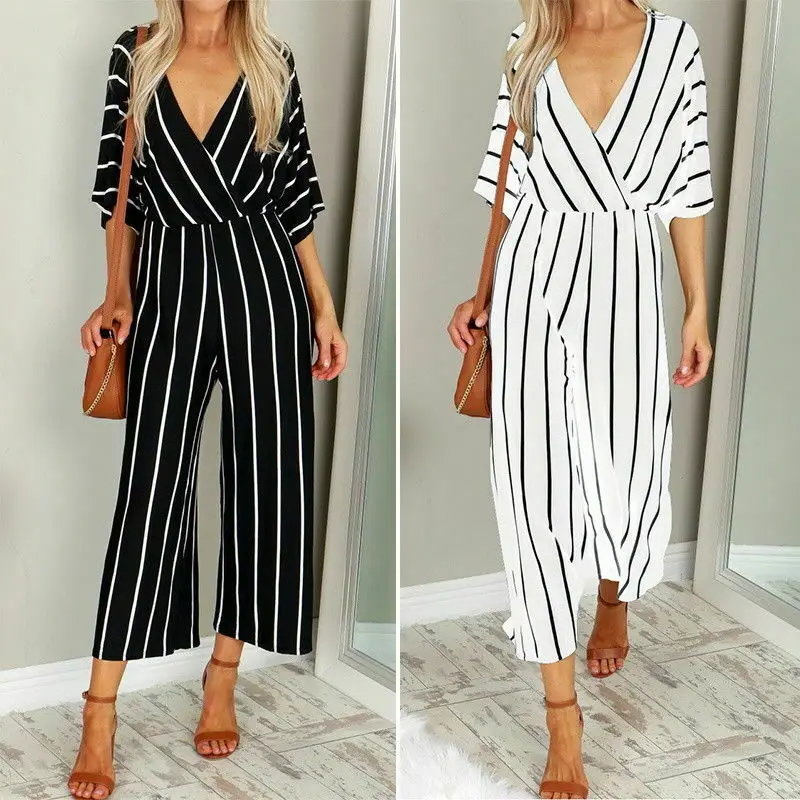 

Retro Rompers Womens Girls Jumpsuit Women Summer Half Sleeve Striped Loose Overalls Jumpsuit Femme Body Mujer hot