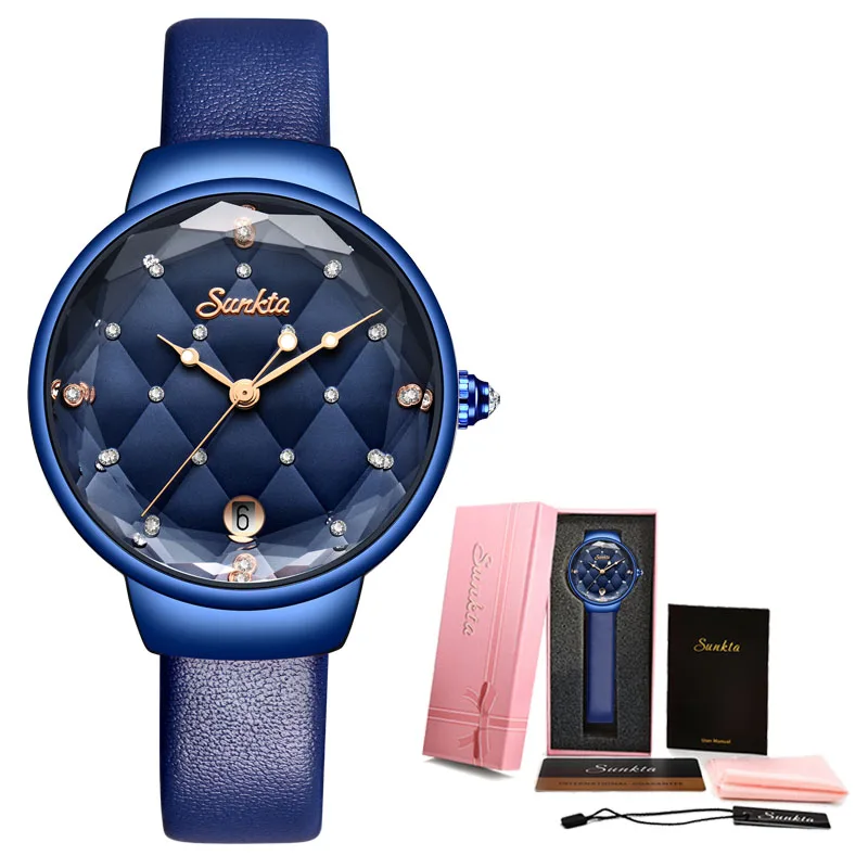 Leather blue SUNKTA, новинка, женские модные золотые кварцевые часы, женские повседневные водонепроницаемые простые наручные часы, подарок для девушек, жены, Saat Relogio Feminino - Цвет: Leather blue
