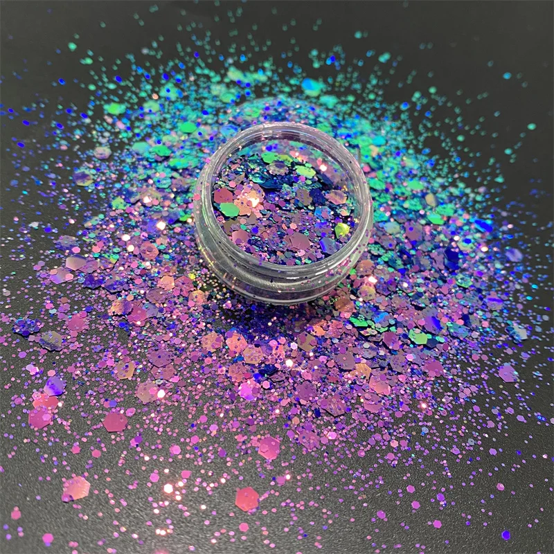 

1g/Jar 16 Colors Chameleon Chunky Glitter Powder Mixed Hexagon Shape Color Shifting Glitter Sequin For Nails Art Body Face Decor