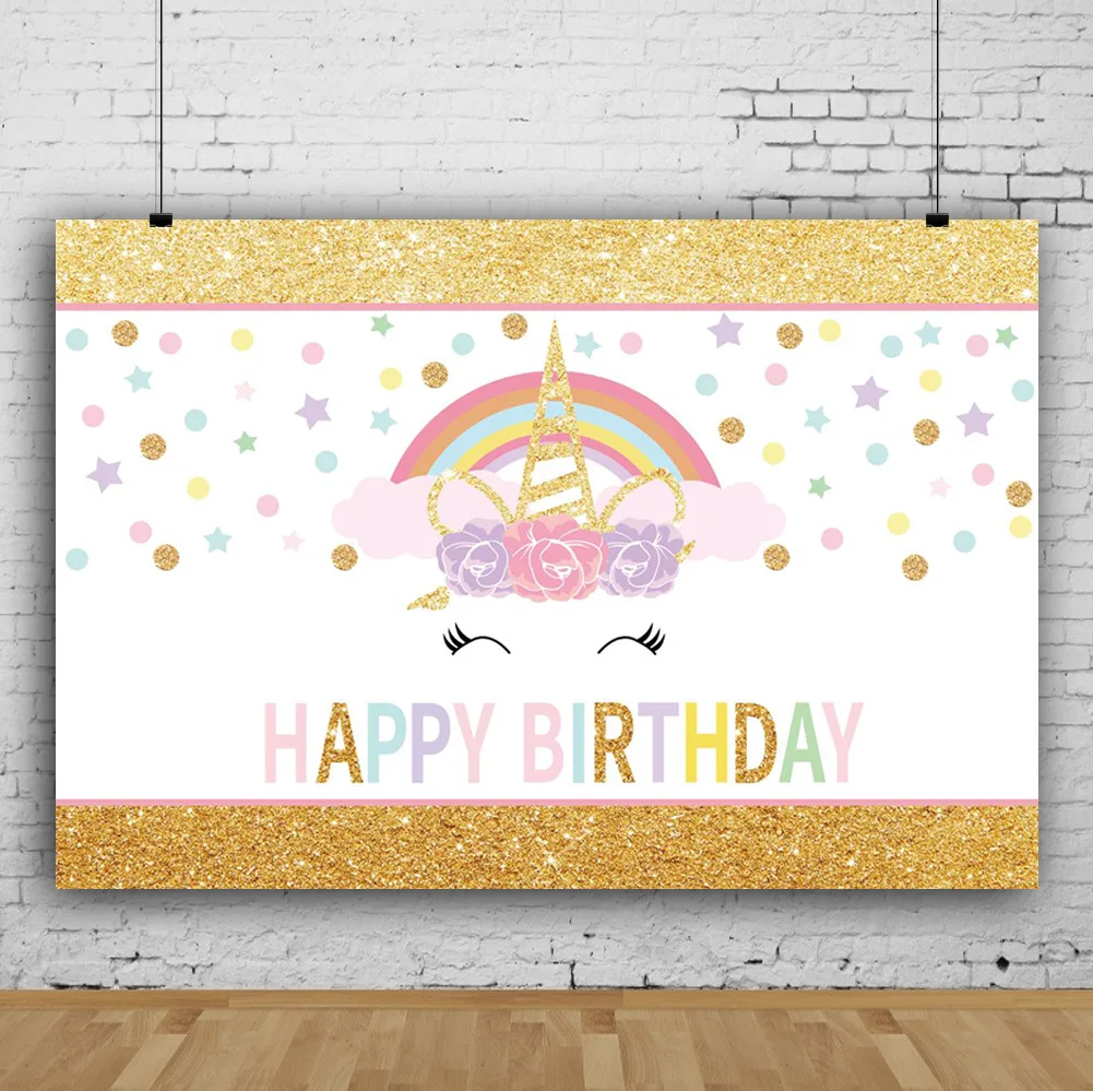 

Cartoon Golden Rainbow Unicorn Backdrop Photography Photo Girl Birthday Party Room Table Decoration Kids Custom Vinyl Background