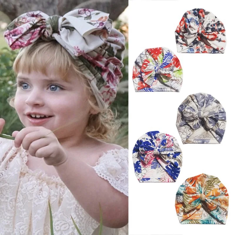 Эластичный Тюрбан для новорожденных девочек с цветочным принтом и бантом милая