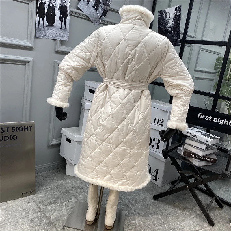 

Light ripe wind stand collar raw edge stitching long knee-length waist rhombic cotton-padded jacket female 2020 winter