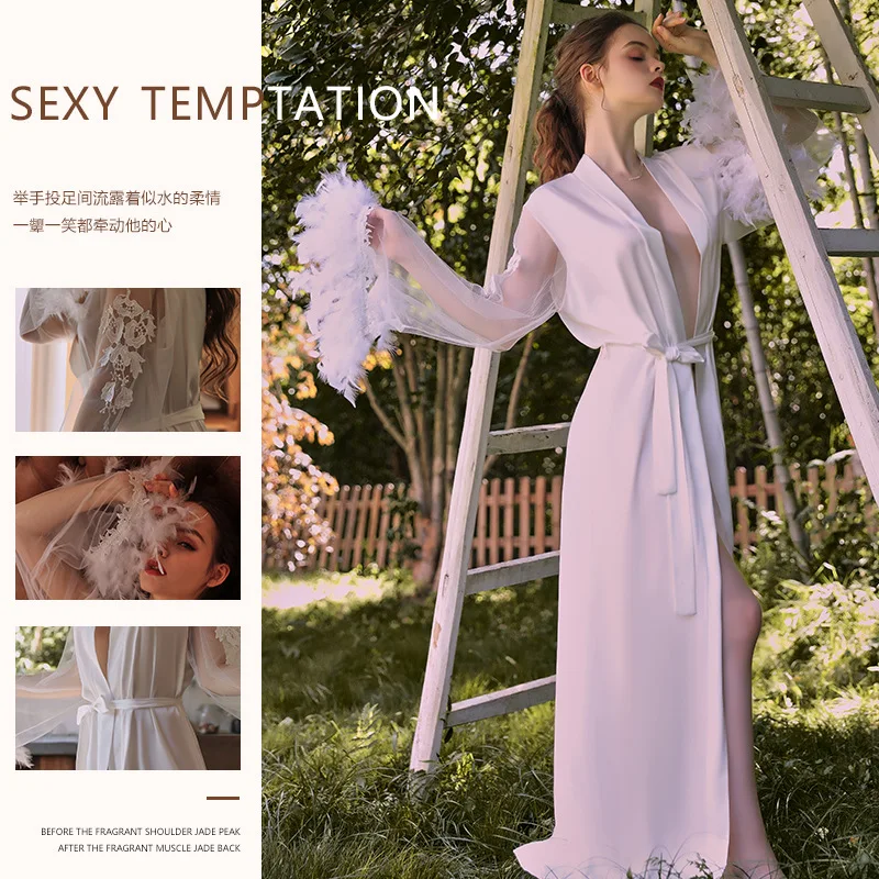 

Satin Lace Sleepwear Robe Women Bathrobe Robe Transparent Spring Autumn Woman Princess Long Sleeved Lace Solid Color Schlafanzug