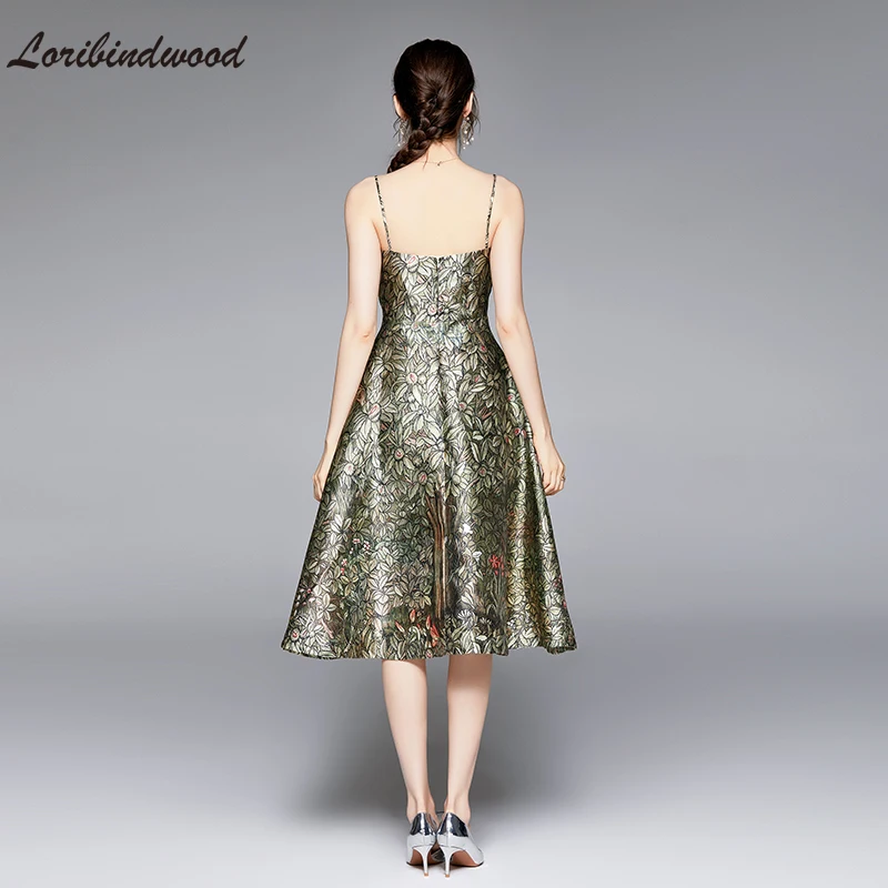 

2021 Summer Green Floral Dress Women Sexy Spaghetti Strap Backless Zipper Letter Animal Flower Print Elegant Holiday Vestidos