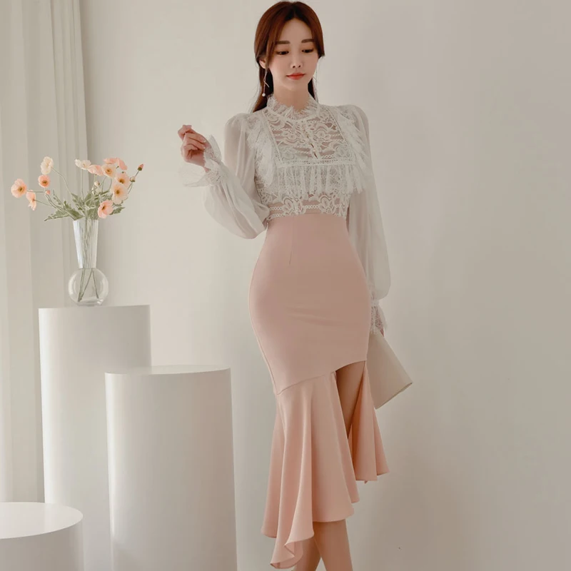 

Spring New Style Skirt Suit Two Piece Set Temperament Lace Patchwork Blouse&Irregular Ruffle High Waist Fishtail Skirt Outfits