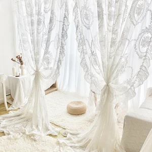 Retro Hollow Out Tull Curtains Wedding Valance Decor White Floral Sheer Curtains European Lace Ruffles Window Drapes For Bedroom