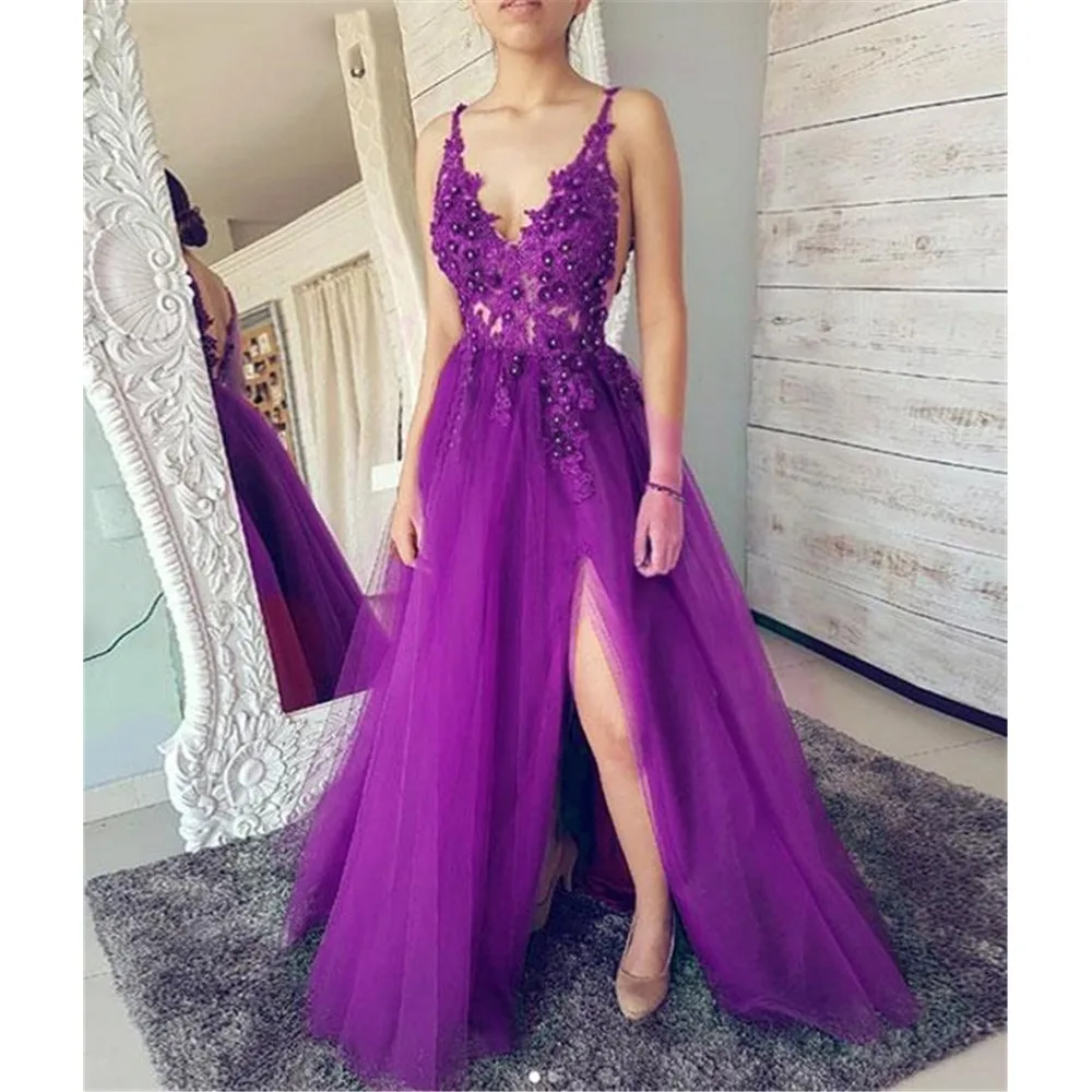 

Sexy Backless Purple Prom Dresses 2019 High Slits Tulle Lace Appliques Purple Floor Length Evening Formal Party Gowns