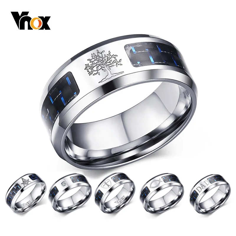 

Vnox 8mm Personalize Carbon Fiber Ring For Man Engraved Tree Of Life Stainless Steel Male Alliance Casual Customize Jewelry Band