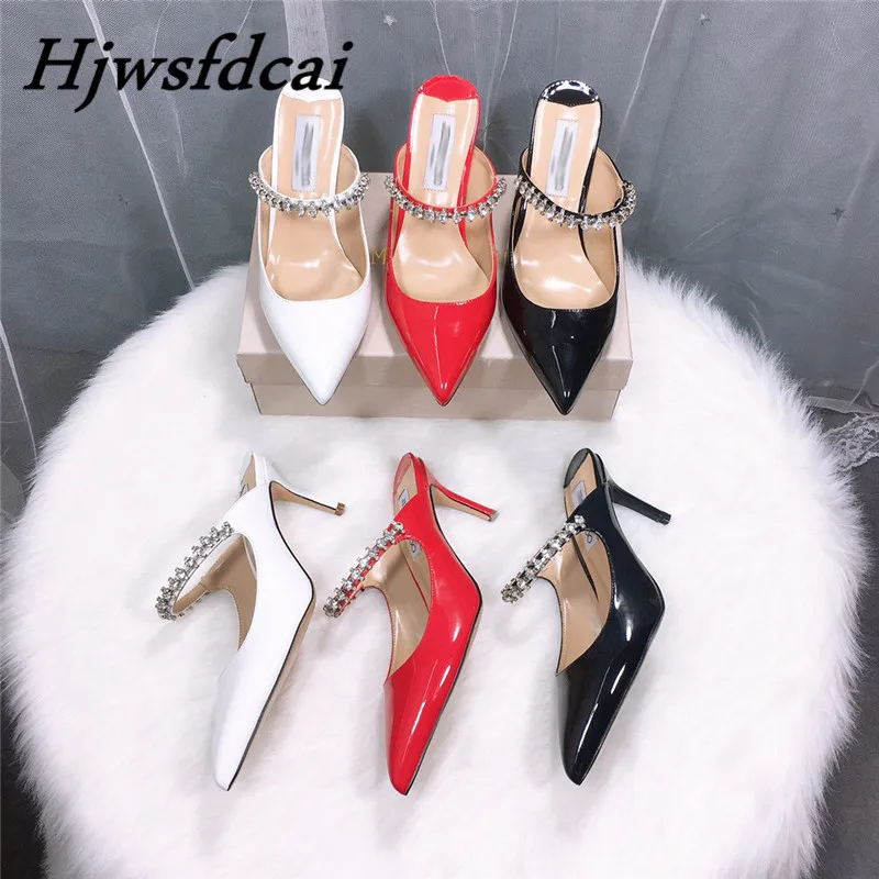 

Hjwsfdcai Summer High Heels Rhinestone Sandals Shoes Woman Patent Leather Pointed Rhinestone Ladies Sandals Party Wedding Shoes