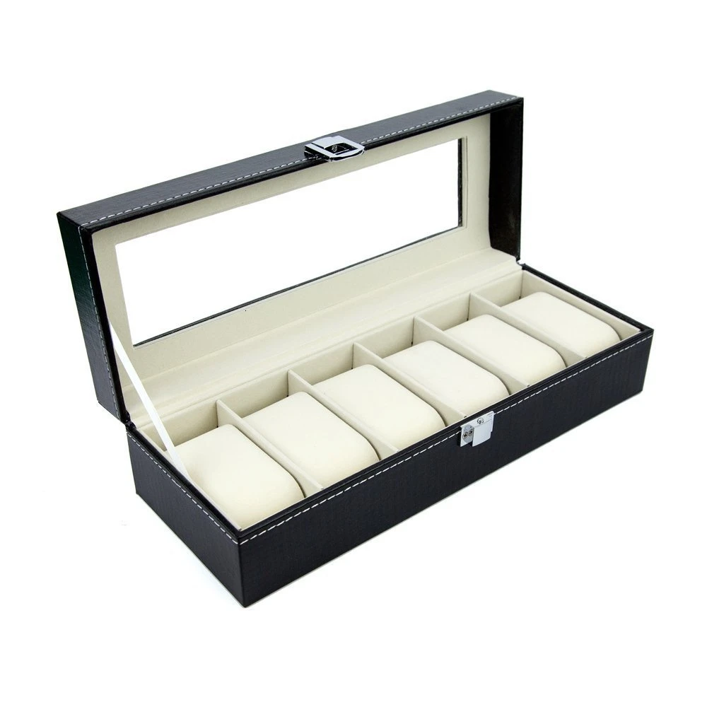 Роскошный футляр для часов 6 ячеек черный деревянный чехол из искусственной кожи