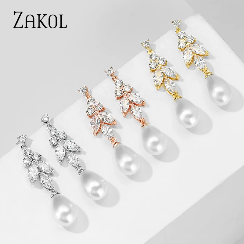 Женские серьги-подвески ZAKOL с белыми циркониевыми кристаллами модные свадебные