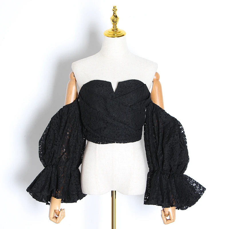 TWOTWINSTYLE Sexy Lace Women Blouses Slash Neck Off Should Flare Long Sleeve Tunic Short Shirt For Female Clothing 2020 Fashion |