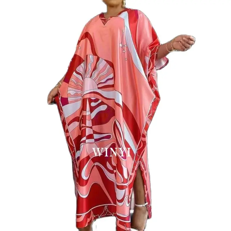 

Long Dress Women Floor Length Batwing Sleeve Robe Sexy Maxi traf V Collar Gold Print High Elastic Silk Elegant New Autumn Tide