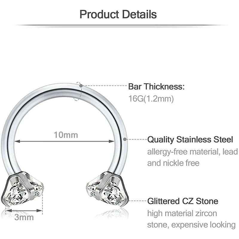 Спираль для пирсинга носа 16G CZ хрявая Козелка спираль спиральная подковообразная