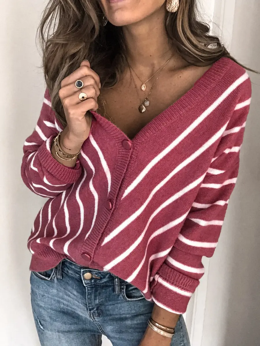 

Vintage Striped Women Sweaters,2019 Autumn V-neck Casual Female Tops Streetwear Femme Sweaters