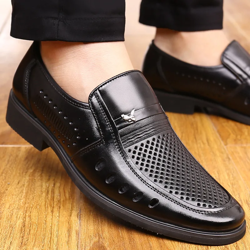 

2021 Summer Men Dress Shoes Genuine Leather Hollow Out Breathable Business Man Shoes Round Toe Slip-on Male Footwear New Arrival