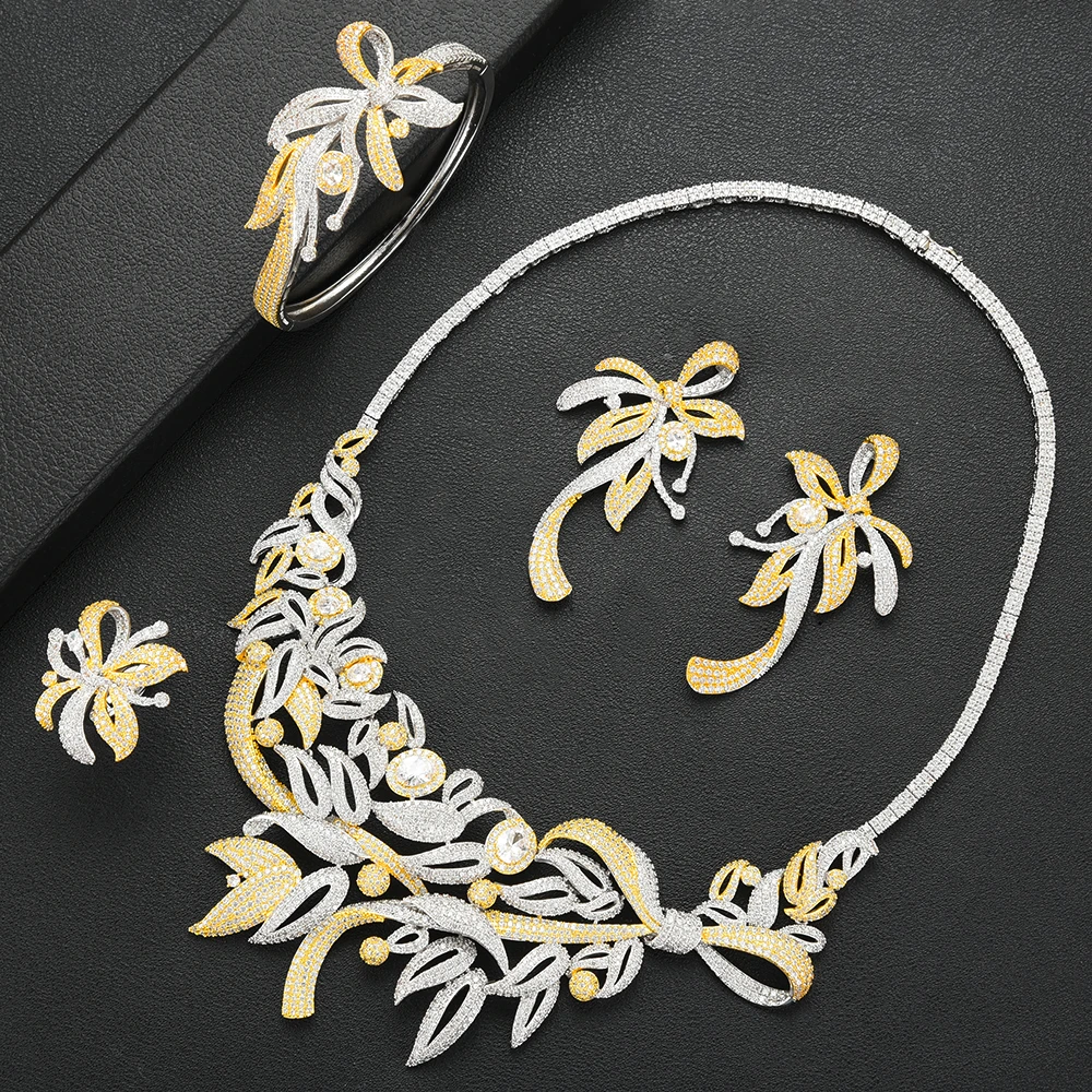 

LARRAURI 4PCS Jewelry Sets For Women Wedding Luxury Nigerian Indian Dubai African Flowers Leaf Necklace Earring Bangle Ring