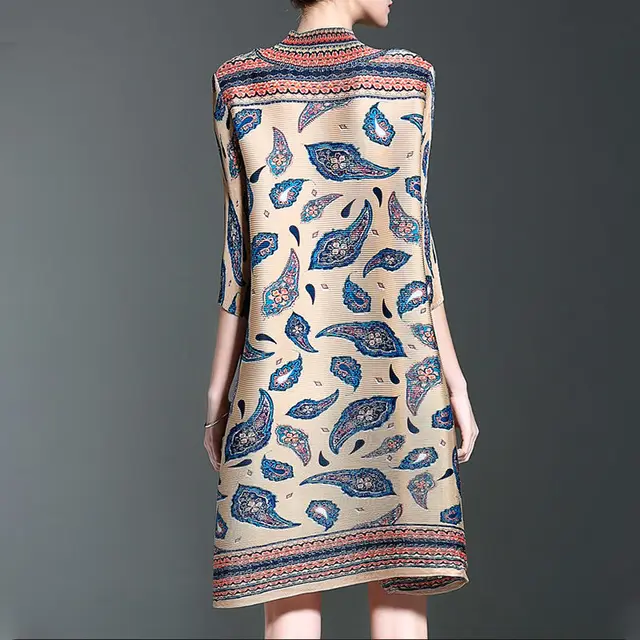 Women Dress Retro Pleated Dress 2023 Autumn New High Neck Print Middle-aged Mother Loose  MM Women's Clothing 5