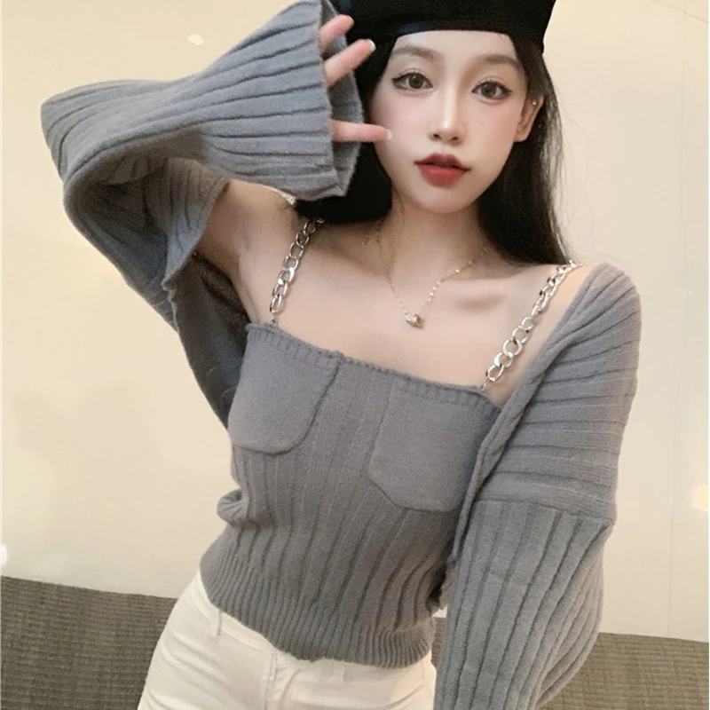 

Two-Piece Sling Cardigan Sweater Inside Take Female Coat Loose Joker Brief Paragraph Crop Sweater Women Sweet Sexy Wind Tops