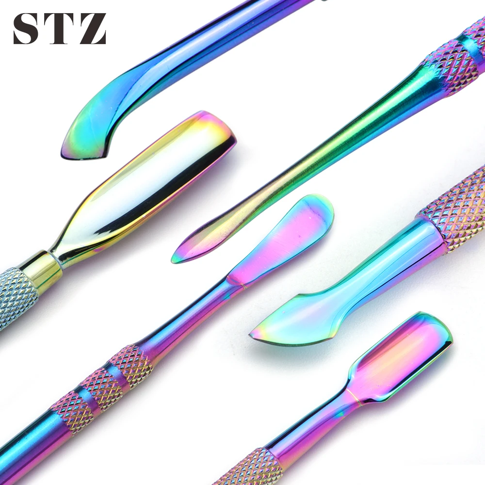 STZ 3 типа Радужный Толкатель для кутикулы из нержавеющей стали инструменты для дизайна ногтей Гель-лак для удаления ложки палочка для ухода за ногтями очиститель для маникюра#062