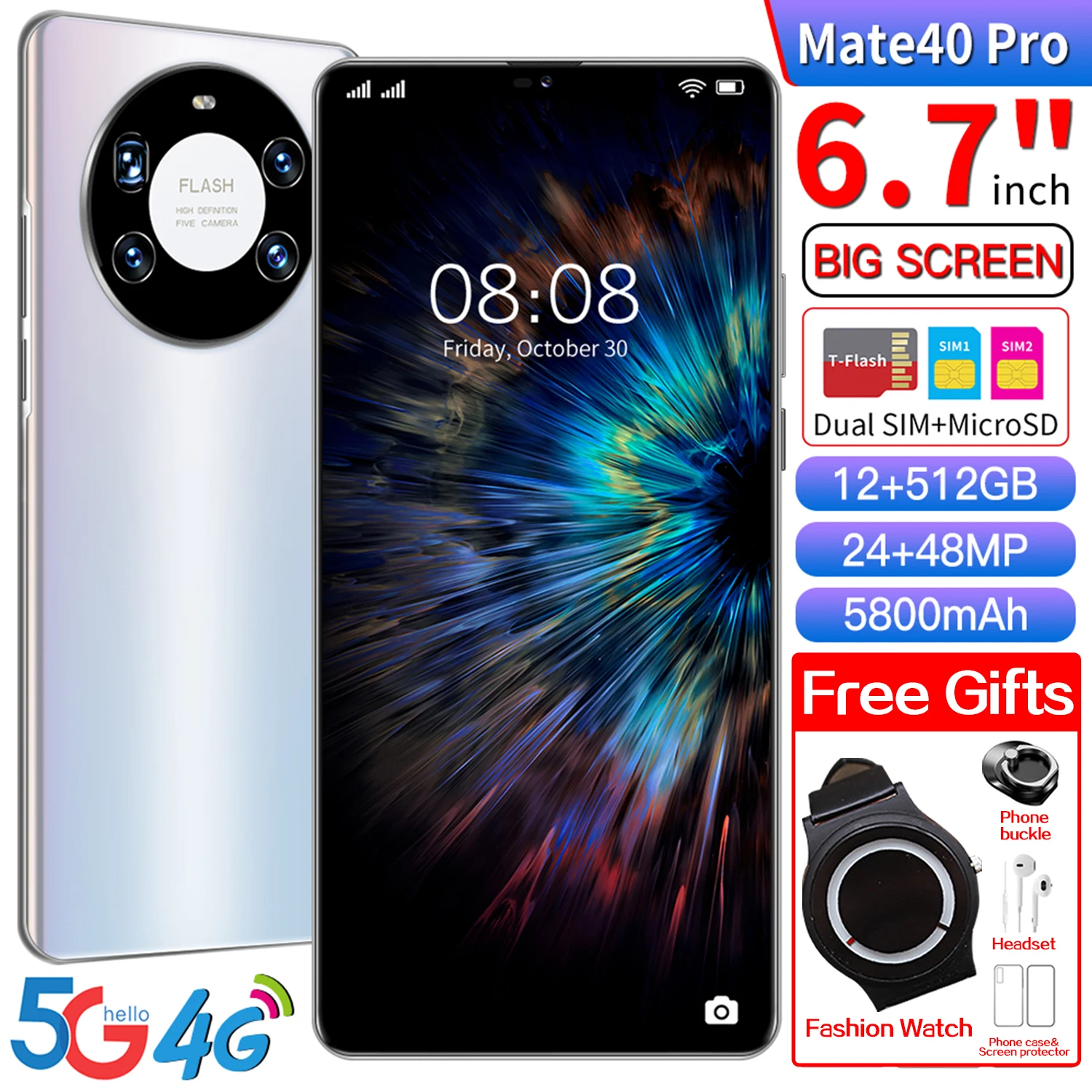 

6.7HD Screen Mobile Phone Android10 Deca Core Global Version Mate40 Pro Snapdragon865 Dual SIM 5800mAh Newest Smartphone