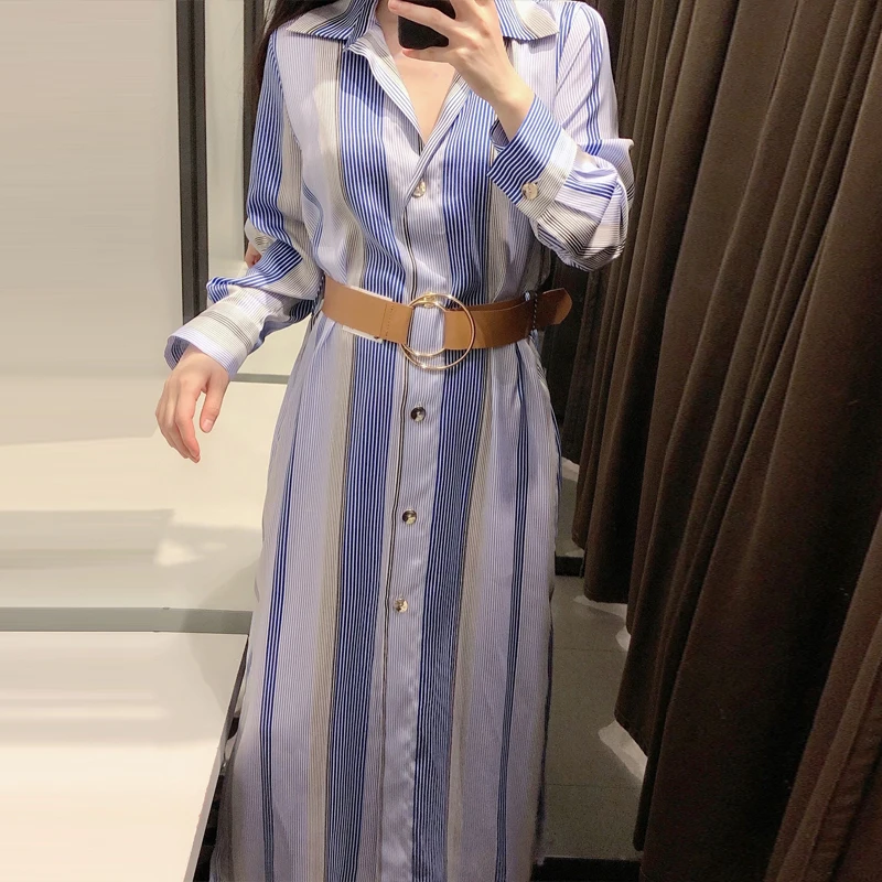 

Loose Long Sleeve Belt Shirt Dress Womens Vintage 2021 Casual Striped print Maxi Dresses Blouse Office lady Split Vestidos 1D050