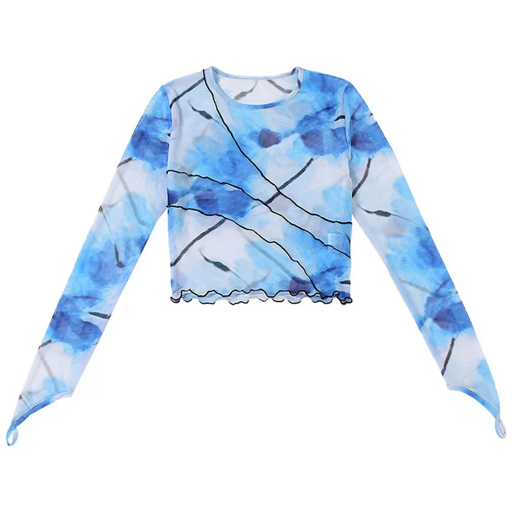 

DOSSNI Women Tops Stitch Tie Dye Mesh Ruffles T Shirt Women Y2k Transparent Ink Painting Crop Tops Thorough T-Shirt Streetwear