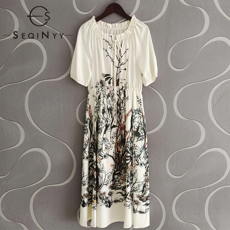 

SEQINYY Beige Midi Dress Summer Spring New Fashion Design Women Runway Flowers Print Elastic Waist A-Line Elegant Vintage