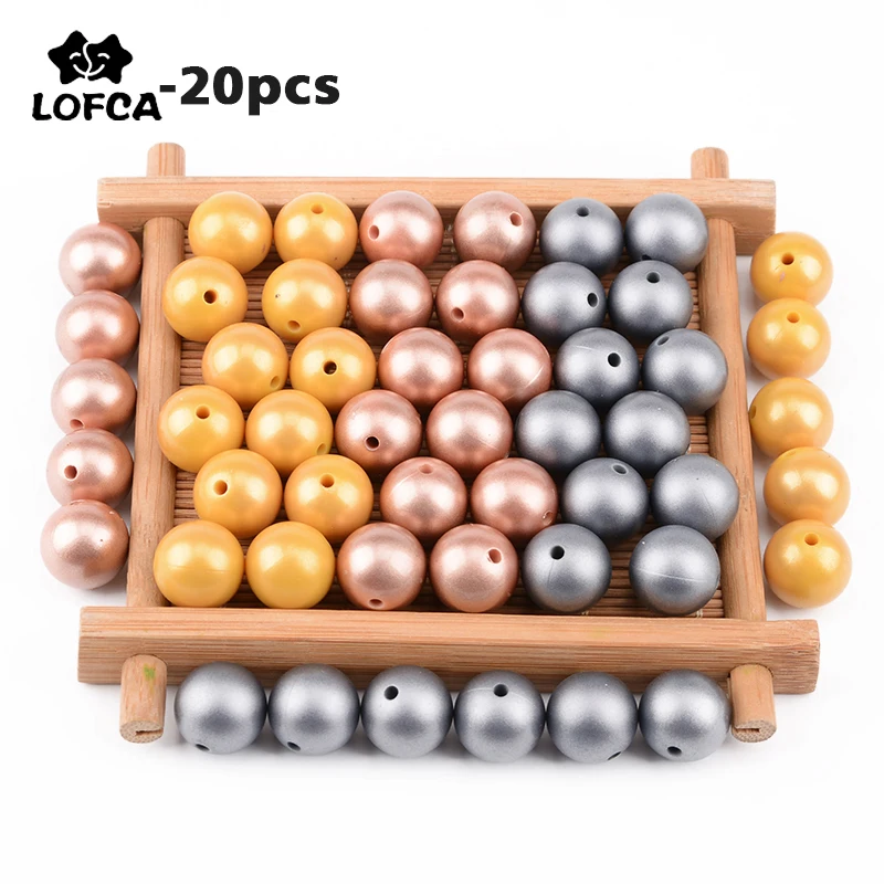 LOFCA Metallic Silver/Gold Print Silicone Beads BPA Free Soft Chewable Organic Beads For Necklace Baby Teething Toys DIY Chain