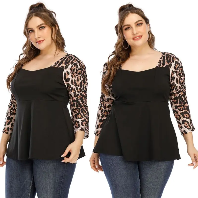 

Womens Plus Size 3/4 Puff Sleeves Loose Sexy V-Neck Leopard Patchwork Pullover Tops Flared Hem Keyhole Back Blouse Streetwear L