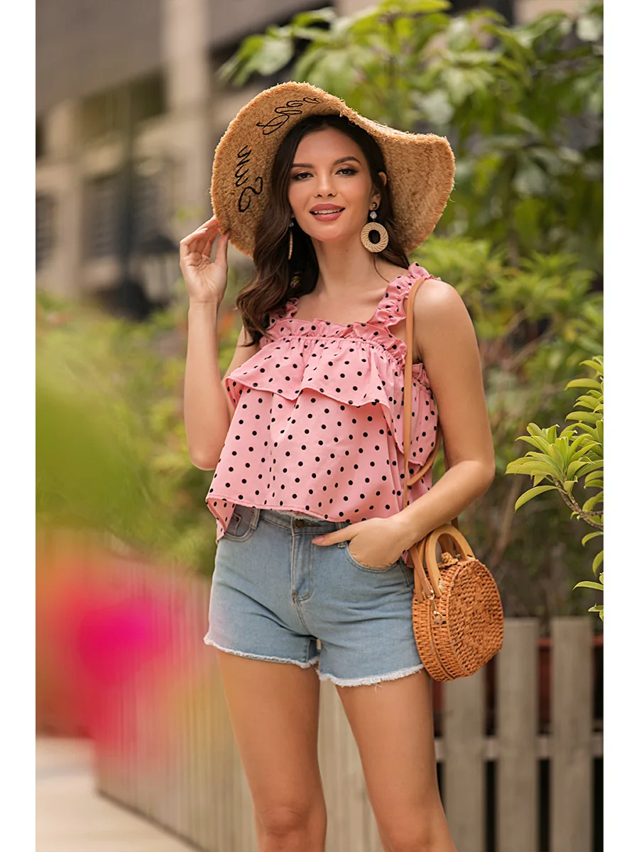 

Women Summer Tank Tops 2021 Sleeveless Shirt Tops Fashion One Word Collar Sexy Wave Point Pattern Ruffle Short Loose T-Shirt