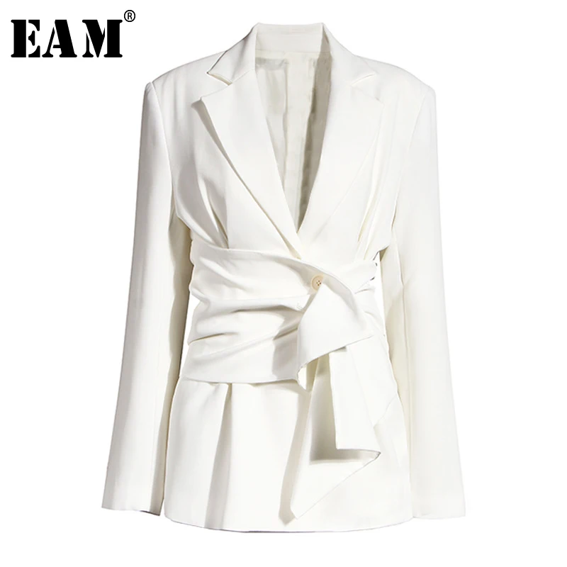 

[EAM] Women White Knot Split Joint Irregular Blazer New Lapel Long Sleeve Loose Fit Jacket Fashion Spring Autumn 2021 1X343