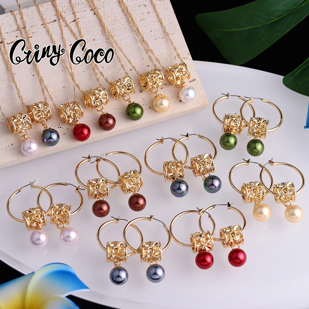 

Cring Coco Multi-color Pearl Jewelry Sets Hawaiian Pink Gold Polynesian Frangipani Pendant Necklaces Hoop Earrings Set for Women