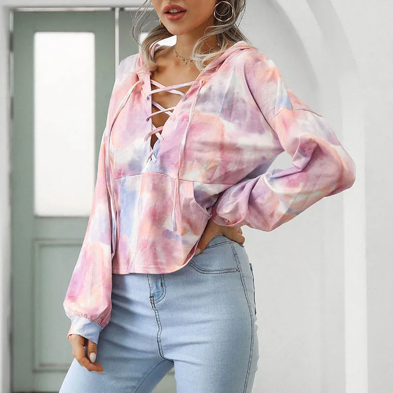 

Fashion Fall Winter New Women V Neck Hollow Out Tie-dye Print Tops Sweatshirt Casual Pullover Lantern Sleeves Hooded Streetshirt