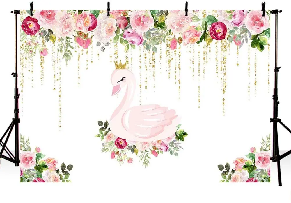 Swan Princess Birthday Party Photo Studio Booth Backgrounds Watercolor Blush Pink Floral Gold Glitter Girl Baby Backdrop