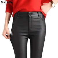 2019 winter women faux leather pants capris pu elastic high waist trousers stretchy slim pencil pants leggings female black