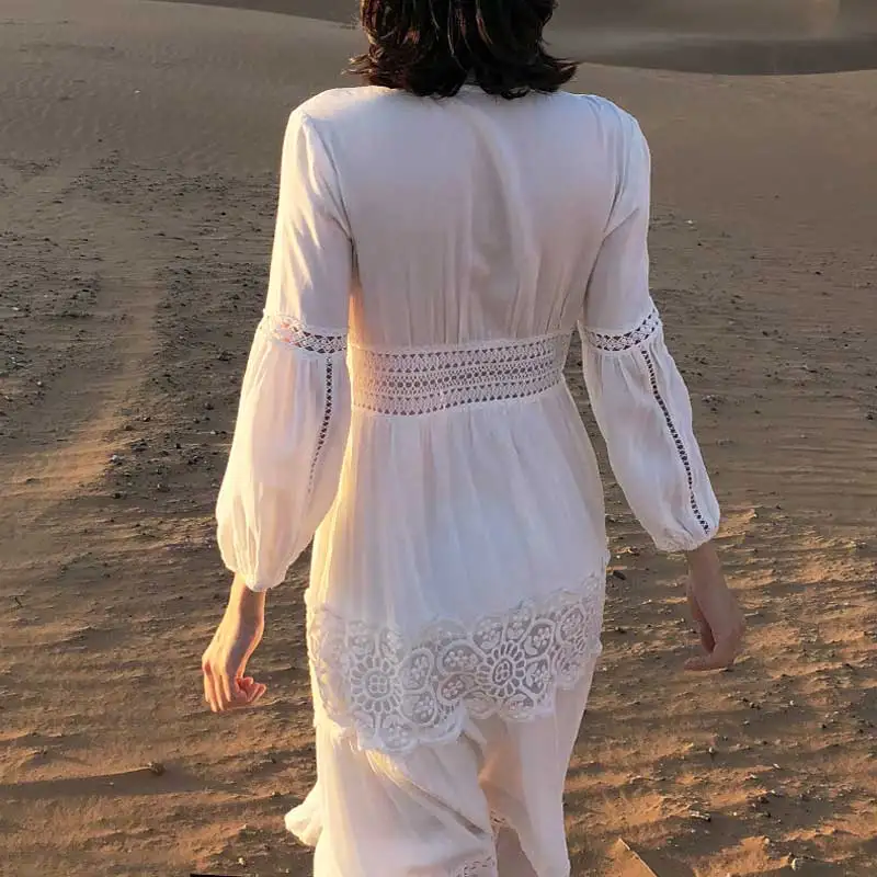 Богемный Вдохновленный белый повседневное женское платье с длинным рукавом buttosn
