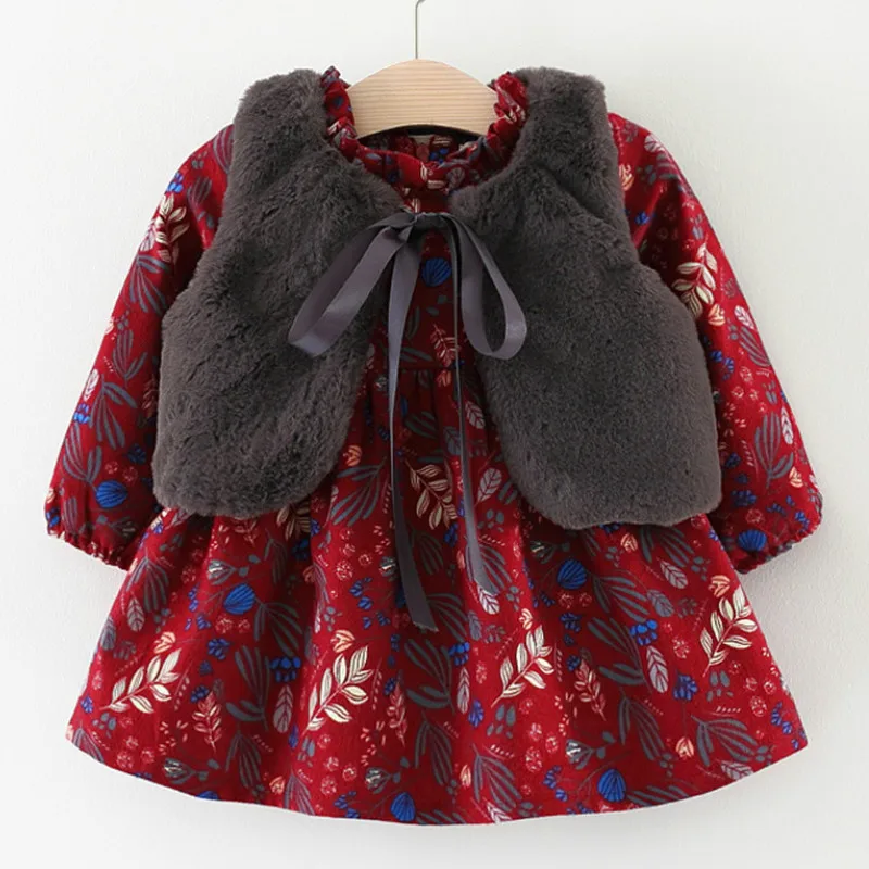 XD192-WineRed Детское зимнее шерстяное платье с цветочным рисунком и меховым жилетом для маленьких девочек; платье для маленьких девочек; одежда для дня рождения Новогоднее и рождественское платье - Цвет: XD192-WineRed