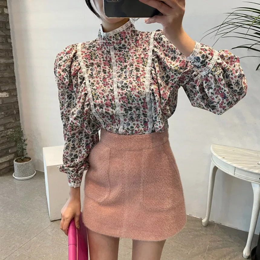 

Alien Kitty Vintage Floral Ruffles Puff Sleeves OL High Street Fashion Blouses 2021 Brief Printed All Match Chic Women Shirts