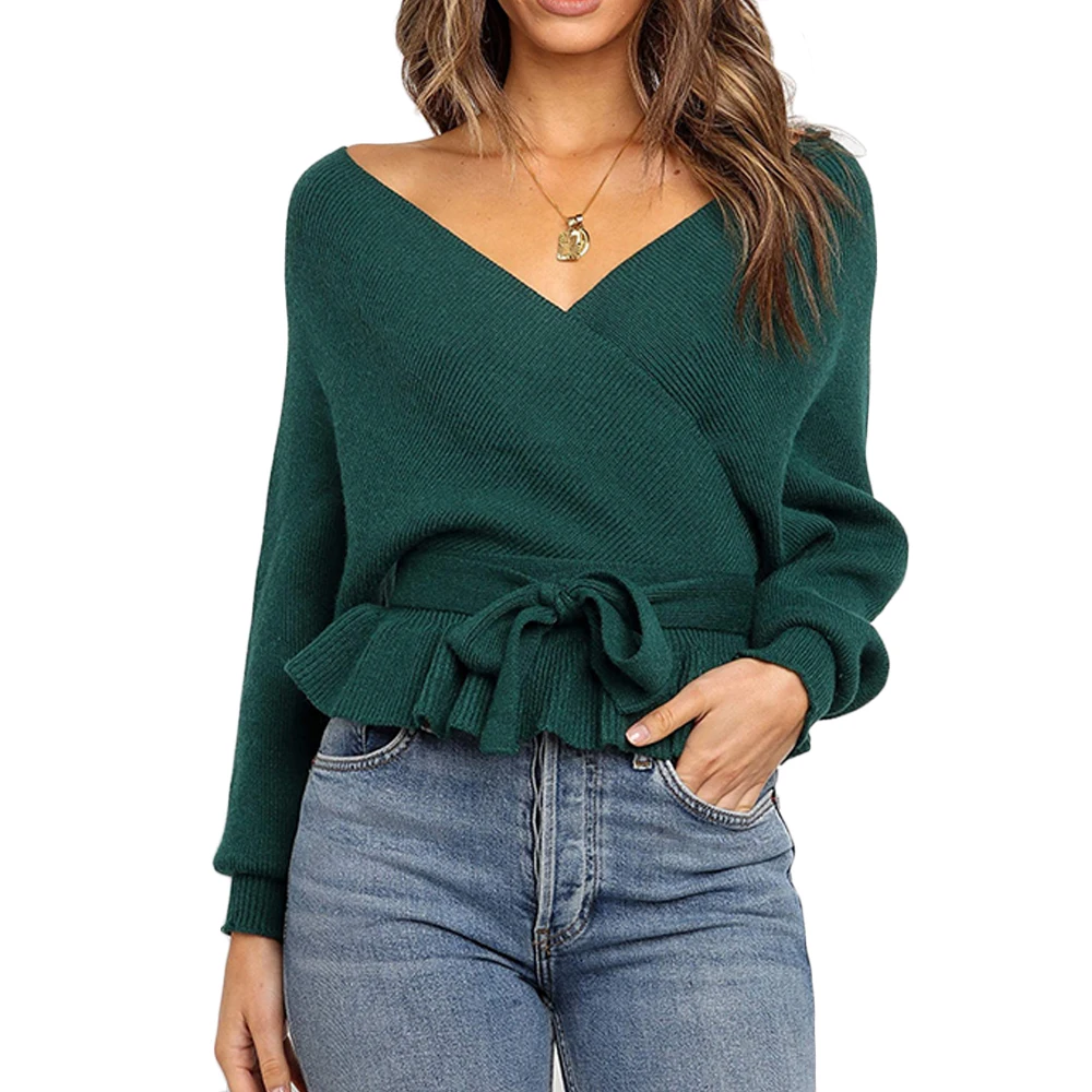 4 Colors Sexy V Neck Wrap Belts Women Office Sweaters Backless Casual Jumper Solid Color Long Sleeves Knitwear Female Pullovers | Женская