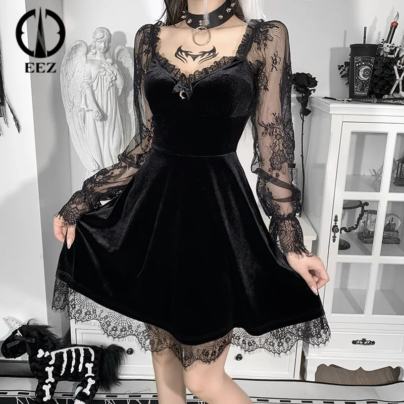 

Black Gothic Lace Patchwork Dress Velvet Vintage Lolita High Waist ALine Dress Women Backless Sexy Elegant Party Dress