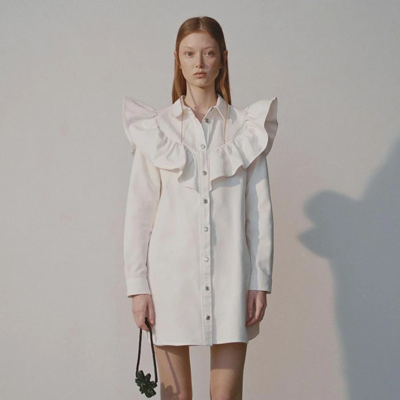 Женское платье с оборками AGong однотонное мини отложным воротником пуговицами и