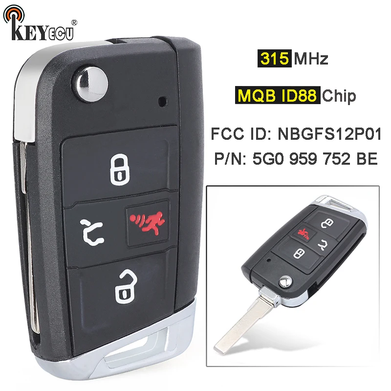 

KEYECU 315MHz MQB AES ID88 Chip NBGFS12P01 5G0 959 752 BE Flip Remote Key Fob for Volkswagen VW GTI Golf SportWagen E-Golf