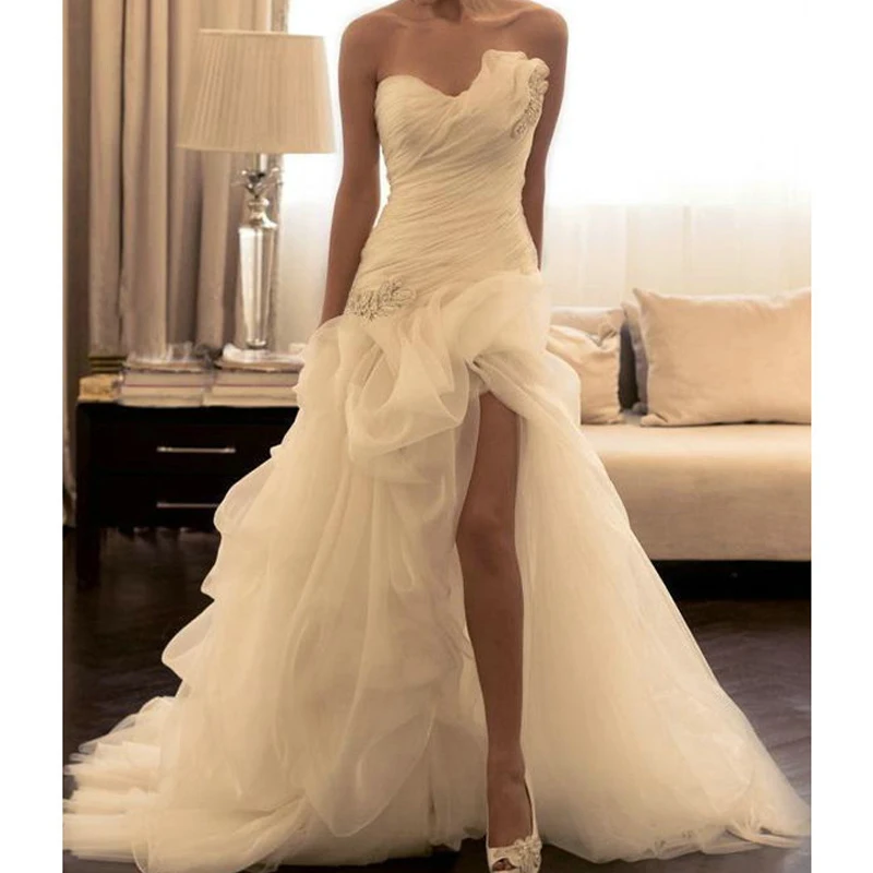 

Organza Sheath Wedding Dresses Ruched Asymmetrical Sweetheart Neckline High Low Crystals Mermaid Beaded Side Split Bridal Dress