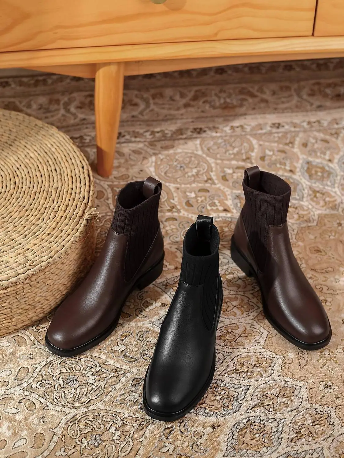 

Krazing pot knitting boots natural leather patchwork recommend round toe thick med heel slip on beauty lady cozy ankle boots L68