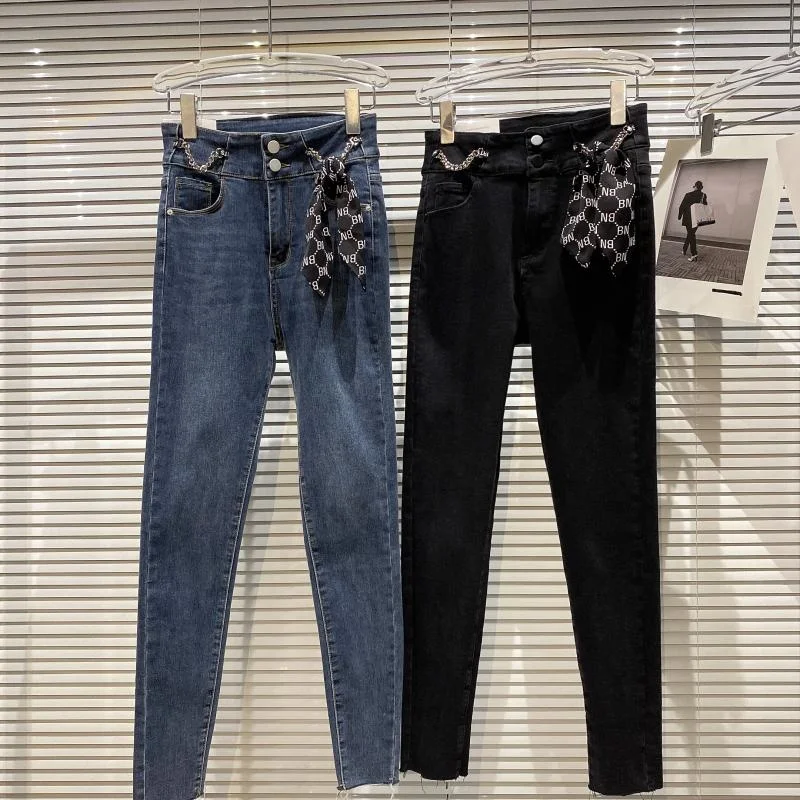 

2021 Autumn Silk Scarf Bandage Waist Pencil Jeans Women New Small Fragrance Elastic Slim Jeans Women's Fashion Bottom High Stree