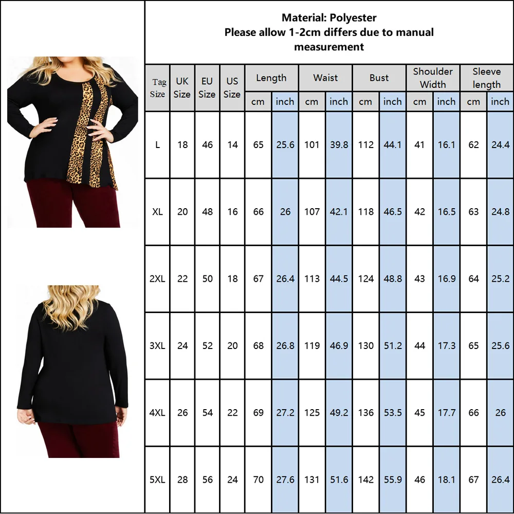 

5Xl Plus Size Leopard Print T-Shirt For Women Long Sleeve Fashion Casual Ladies Tops Tshirt Round Neck Female T-Shirt Tee D25
