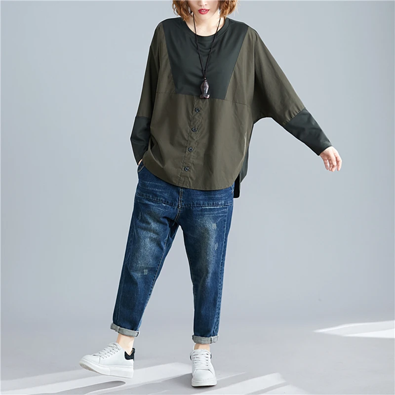 

Plus Size Vintage Asymmetry T-Shirt Women Long Sleeve Cotton Patchwork Loose Casual Tee Shirt Tops Clothes Spring Autumn 2021
