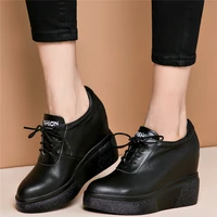 fashion sneakers women lace up genuine leather wedges high heel vulcanized shoes female pointed toe pumps shoes casual shoes new