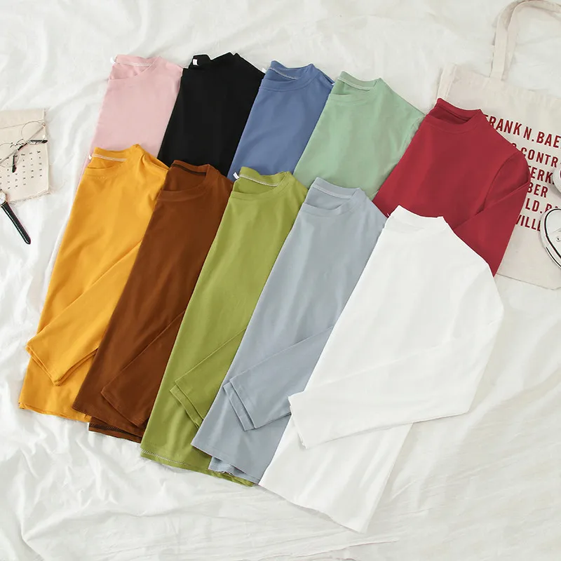 Футболка женская однотонная в Корейском стиле Топ с длинным рукавом и круглым